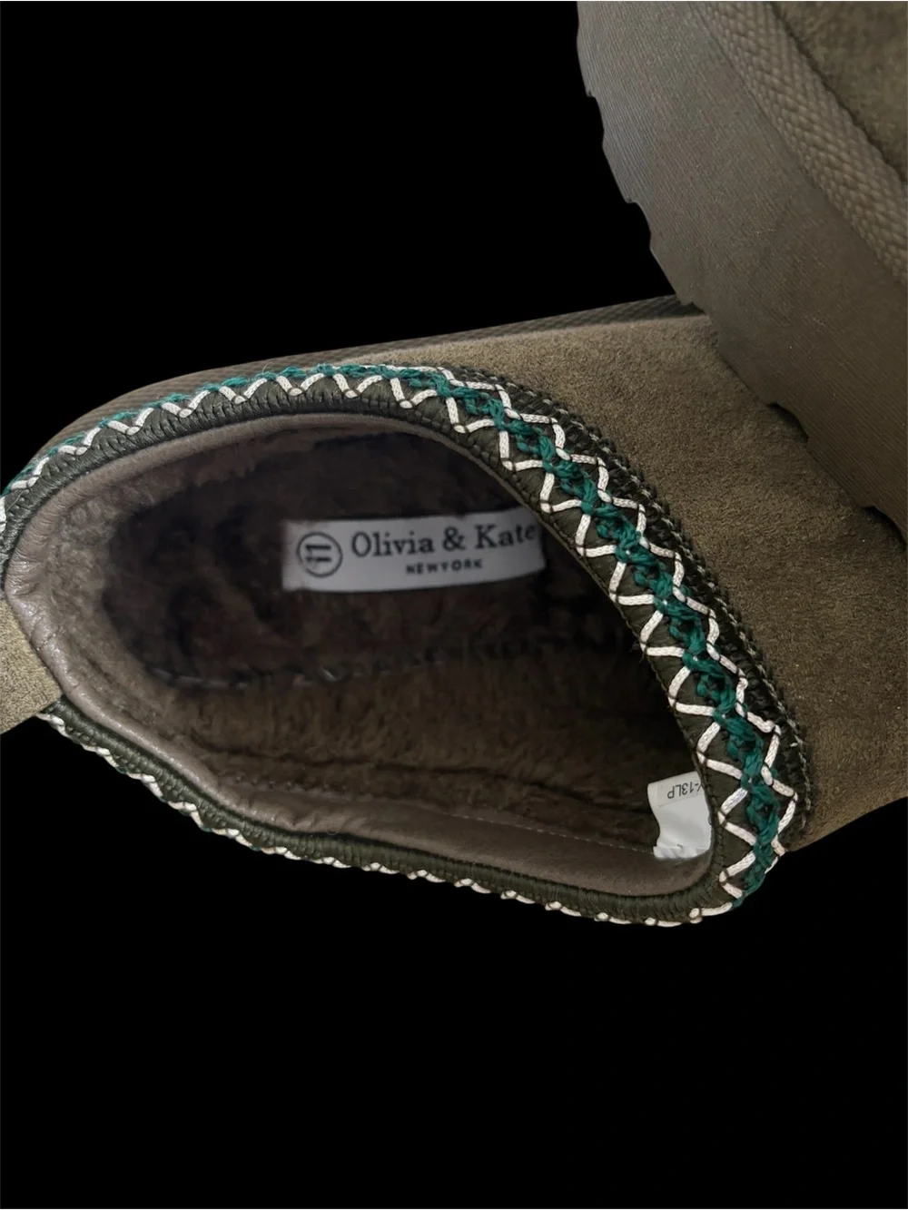 Olivia & Kate Women's Olive Suede Slip-On Slippers - Picture 2 of 4